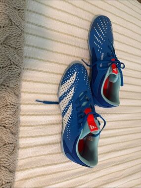 adidas Kids Blue and White Soccer Sneakers with Red Accents